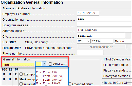 Image of the 990 Form type selection.